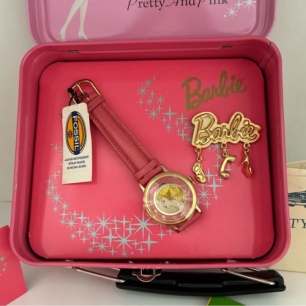 NWT Barbie Pretty And Pink Fossil Watch Boxed Set. 1994 Ltd Ed.. Pink Leather - Picture 7 of 16